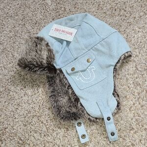 True Religion Light Blue Denim Trapper Hat with Brown Fur